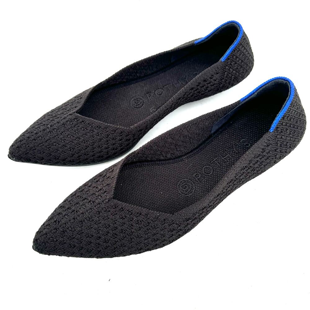 Rothy's Black Pointed Knit Flats with Blue Trim